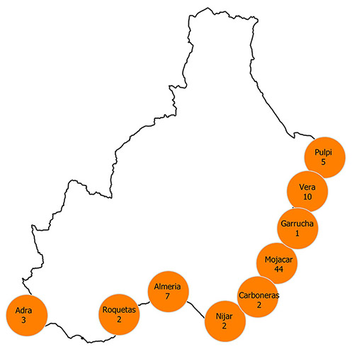 Mapa de distribución del mosquito tigre en Almería (2020)